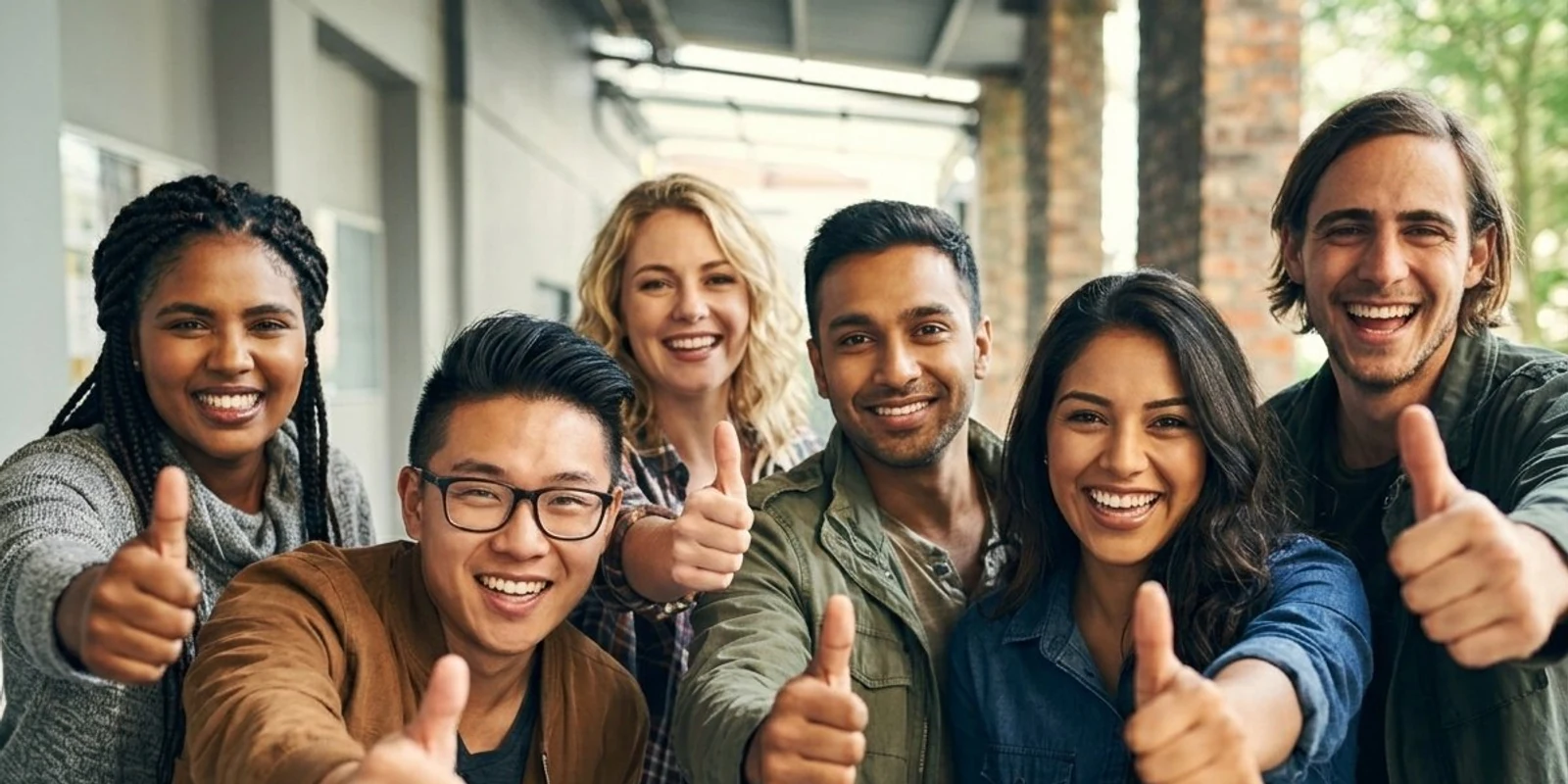 Six members of the JoQuote team in an office corridor, giving a thumbs up